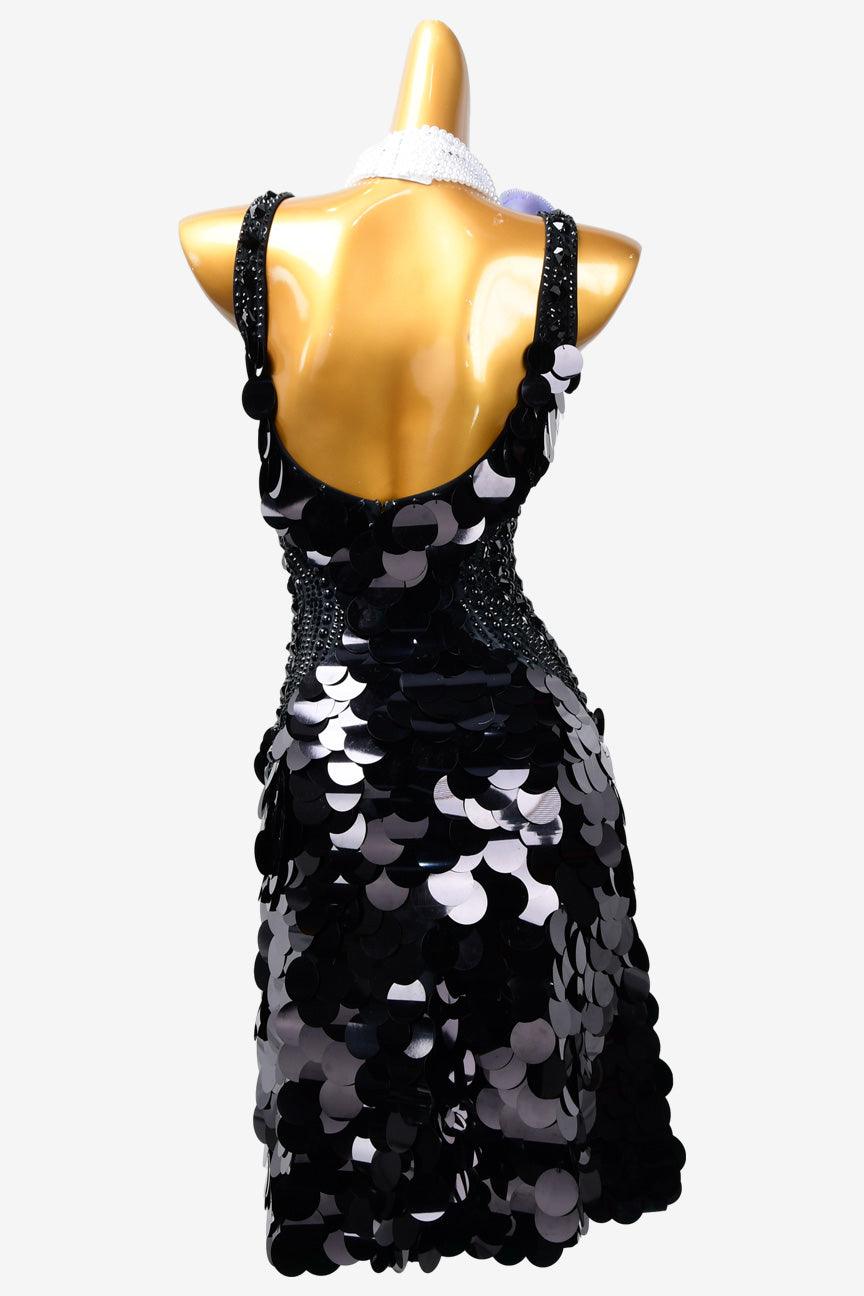 Permino black Latin dress with black sequins, white beadings & flower appliques, rhinestones & sew-on stones