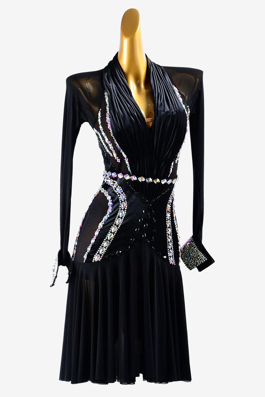 Permino black mesh & smooth Velvet Latin dress with AB crystals & AB sew-on stones - PerminoDesign