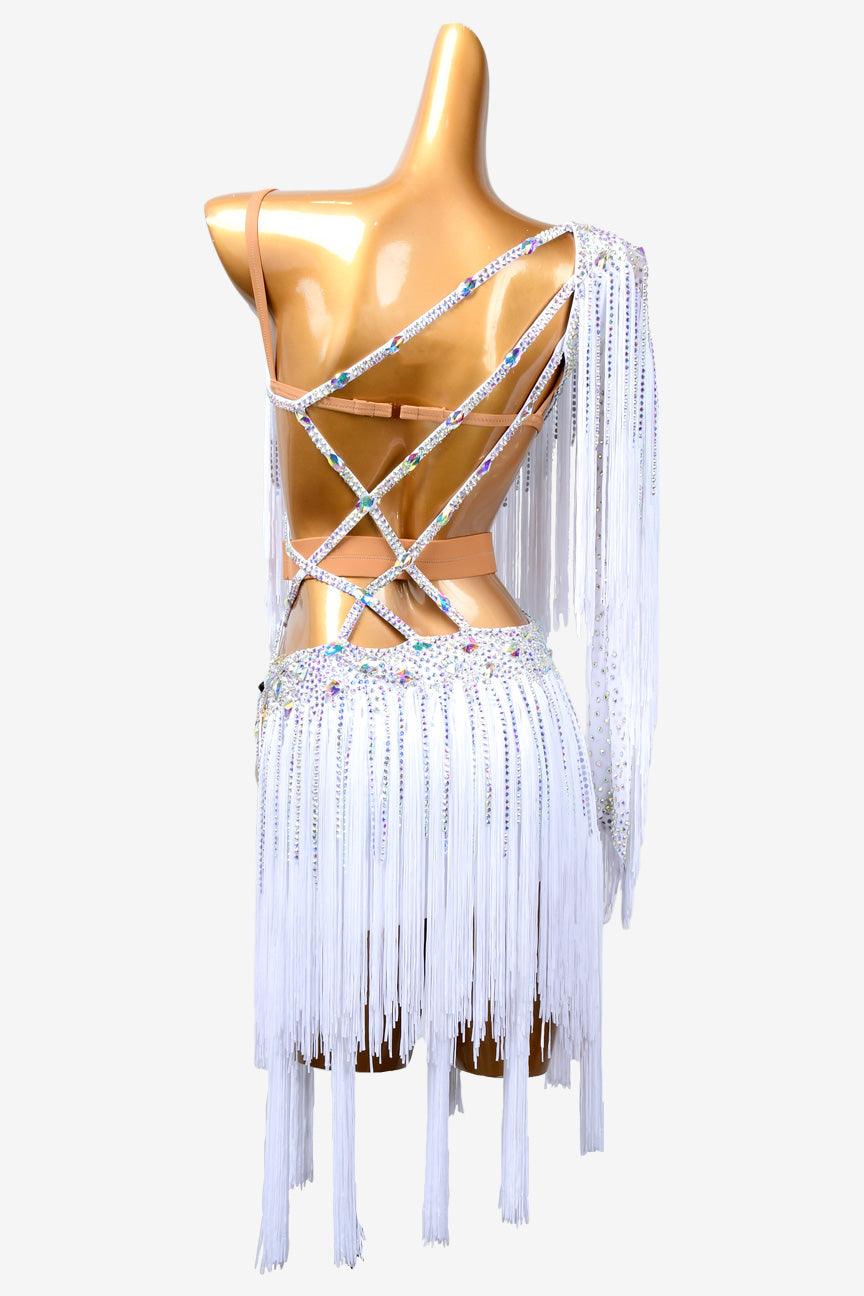 Permino white Latin dress with crystal AB, fringe and stone fringes - PerminoDesign