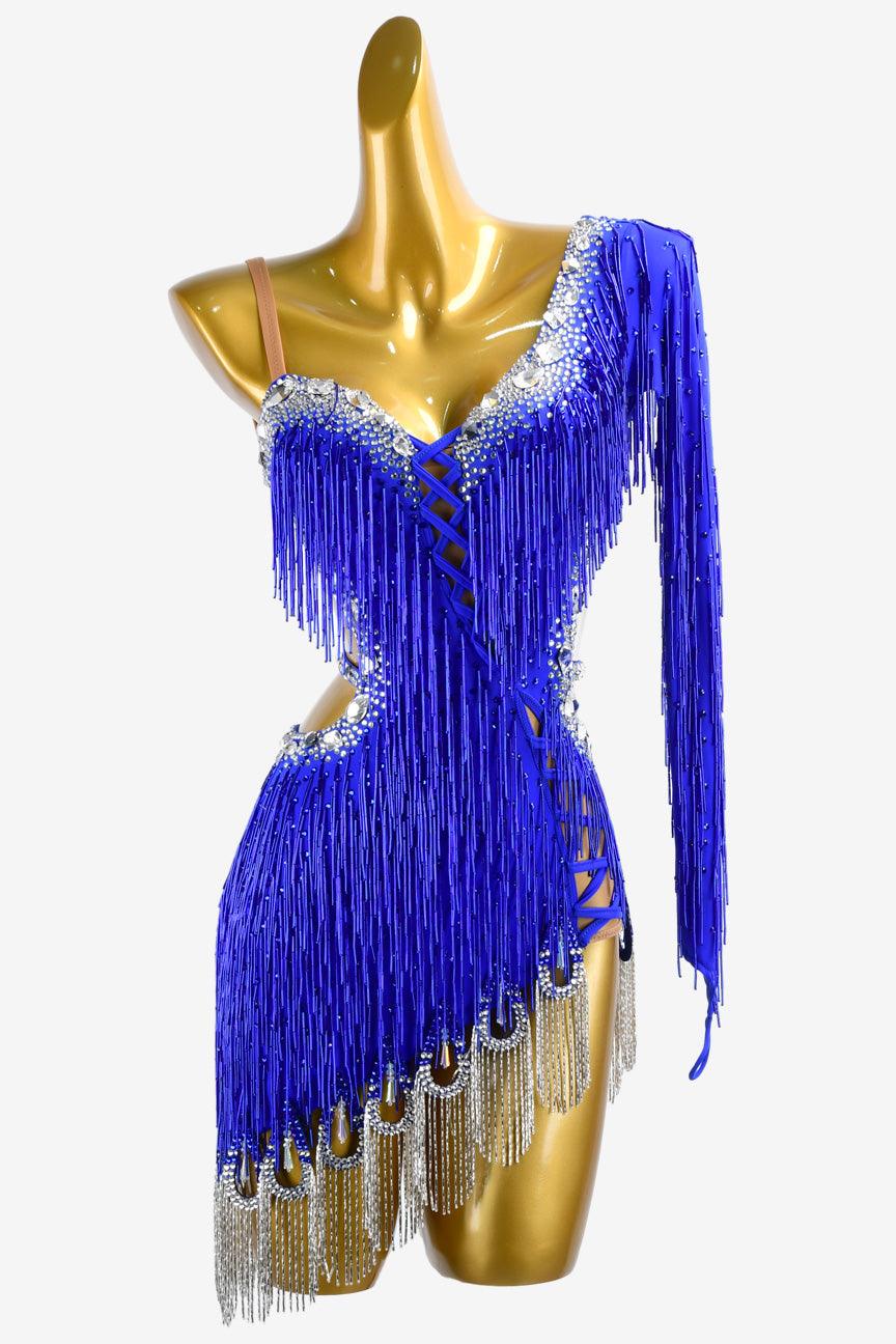 Permino international klein blue Latin dress with beaded fringe and AB stone - PerminoDesign