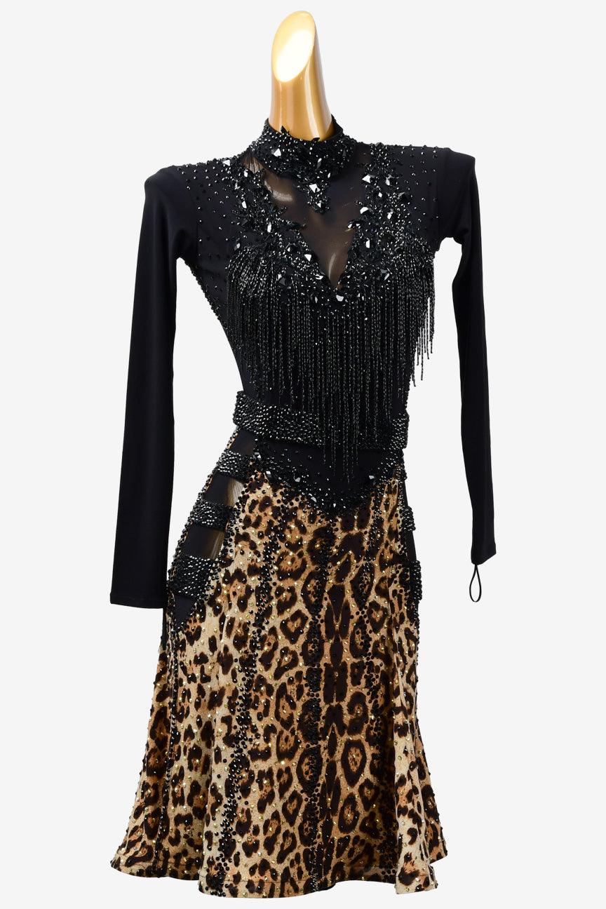 Permino leopard print Latin dress with beaded fringe and rhinestone - PerminoDesign