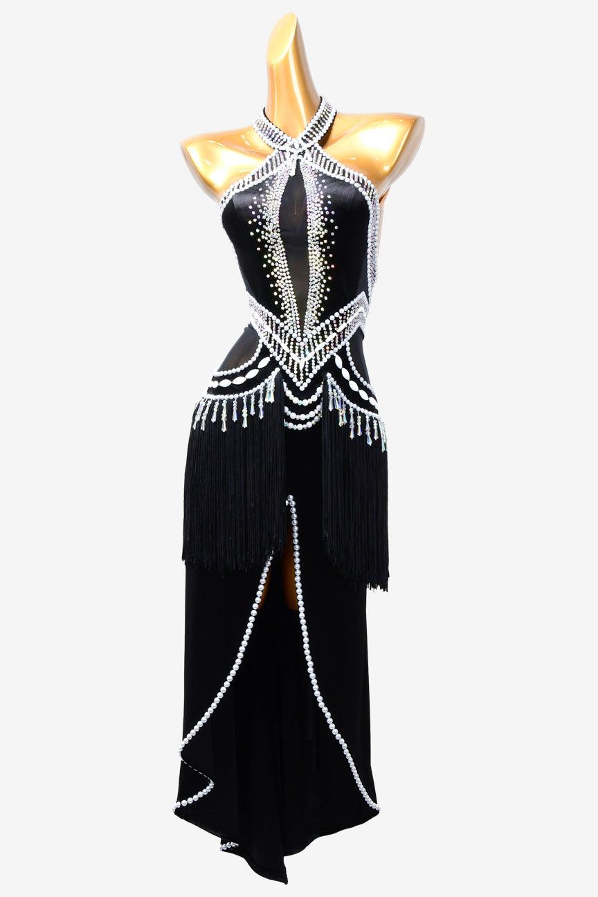 Permino black Latin dress with fringe, beading and rhinestone - PerminoDesign