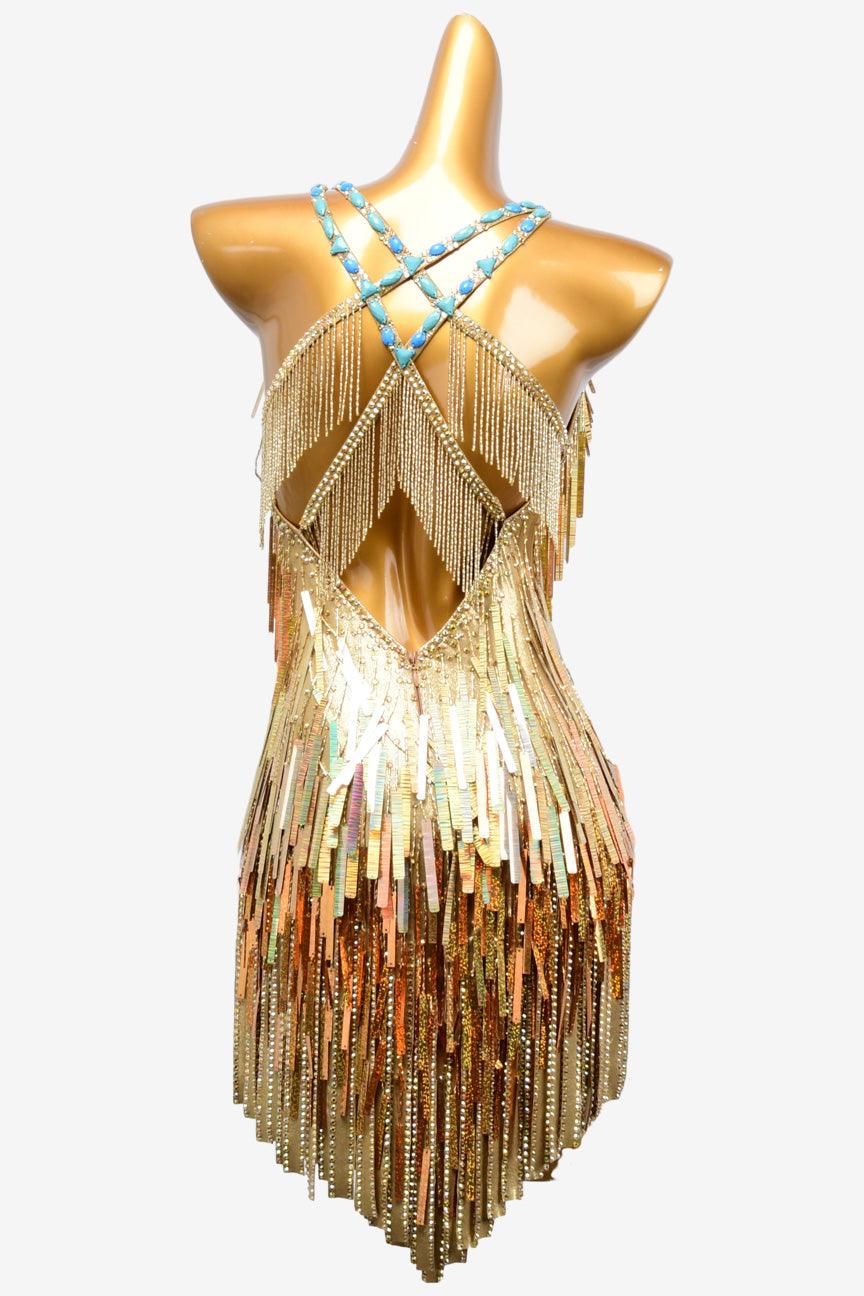 Permino gold enrod Latin dress with stone fringes, sequin and rhinestone - PerminoDesign