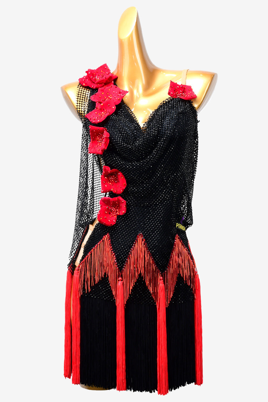 Permino black crystal fishnet Latin dress with red beaded fringes, rhinestones & flower appliques - PerminoDesign