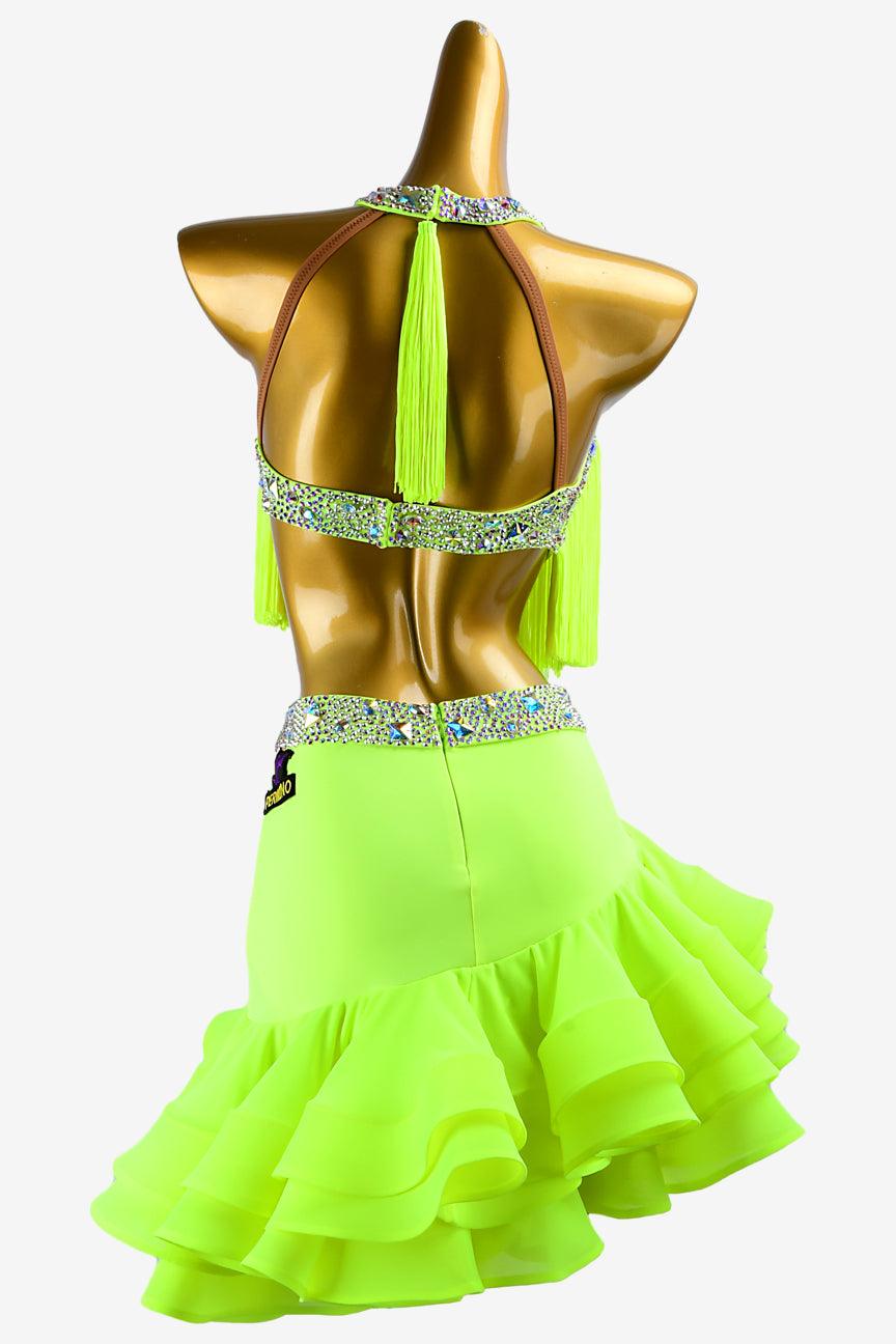 Permino light lime green matt lycra Latin dress with fringes, AB stones & sew-on crystals - PerminoDesign