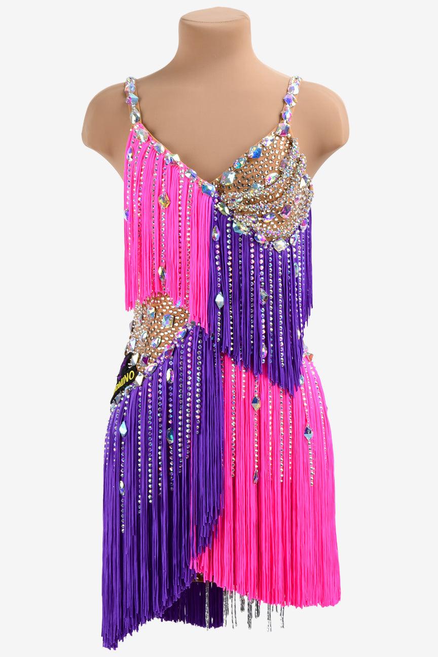 Permino colorful Latin dress with stone fringes, fringe and crystal AB - PerminoDesign