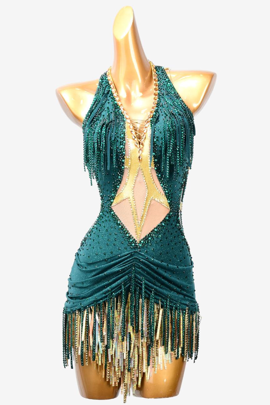 Permino malachite green Latin dress with rhinestone, stone fringes and sequins