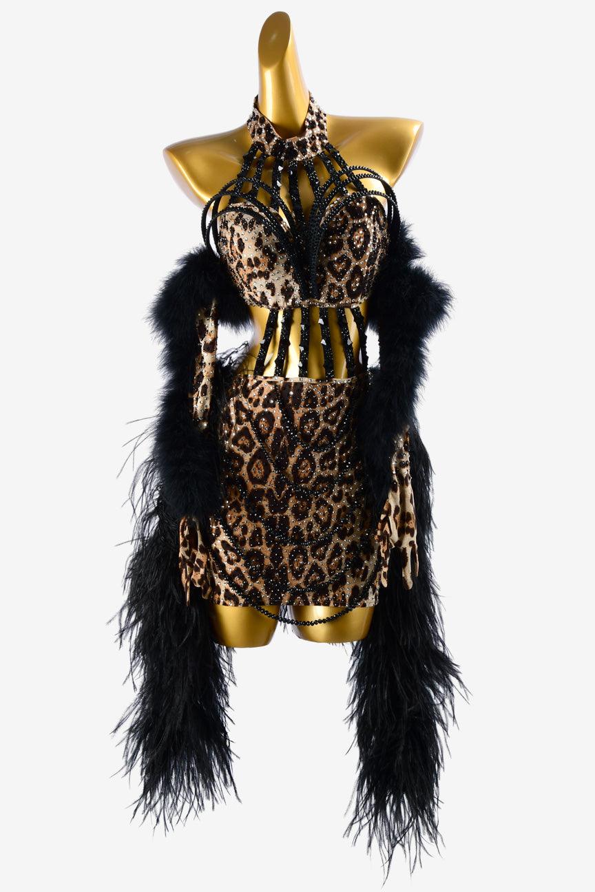 Permino leopard print Latin dress with feather and crystal AB - PerminoDesign