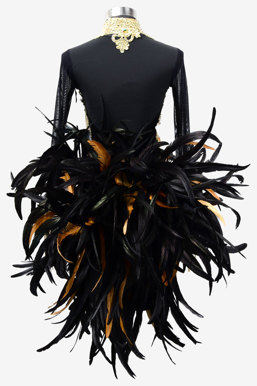 Permino black Latin dress with beaded fringe, feather and AB stone - PerminoDesign