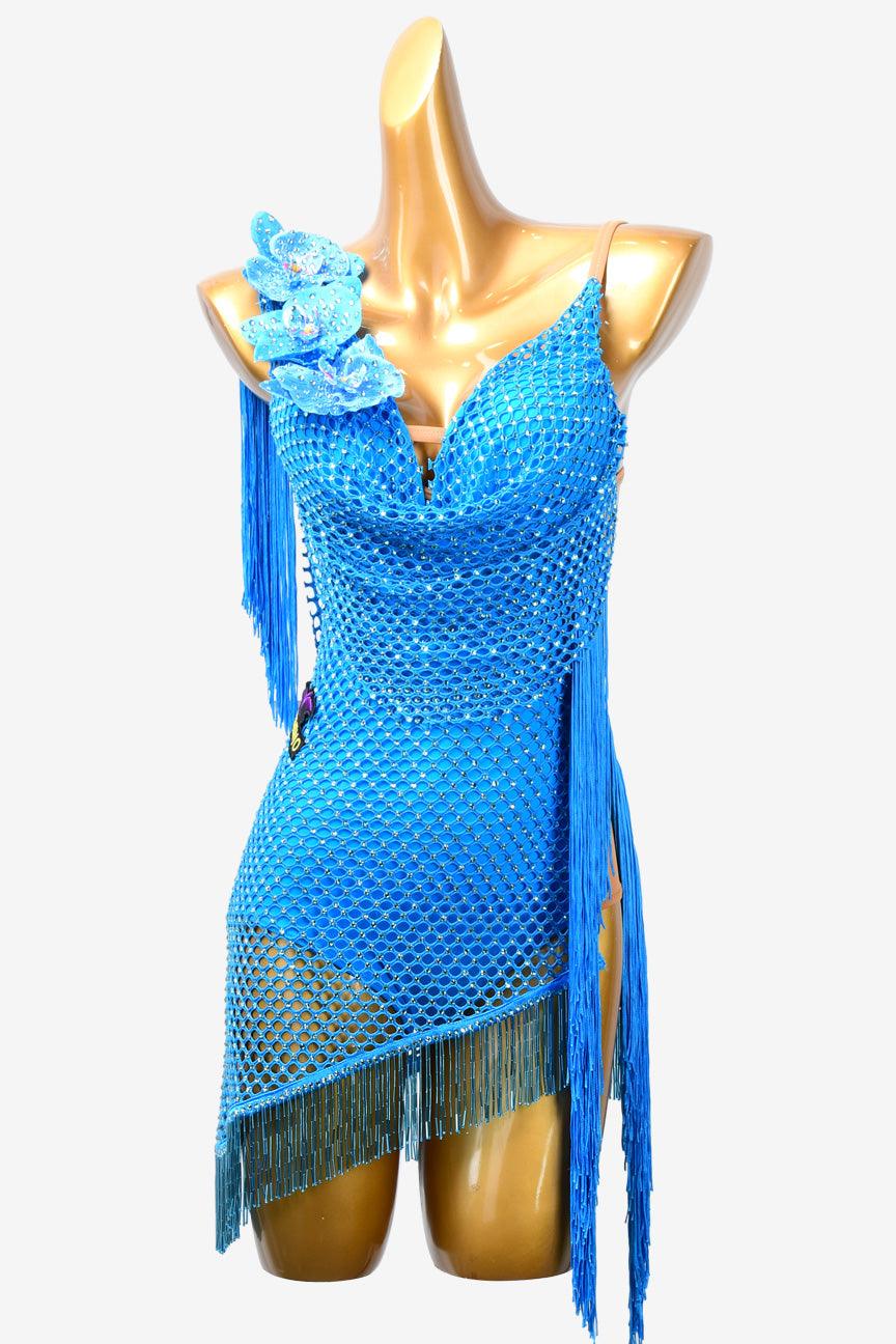 Permino deep sky blue crystal fishnet Latin dress with rhinestones, fringes, flower appliques & beaded fringes - PerminoDesign