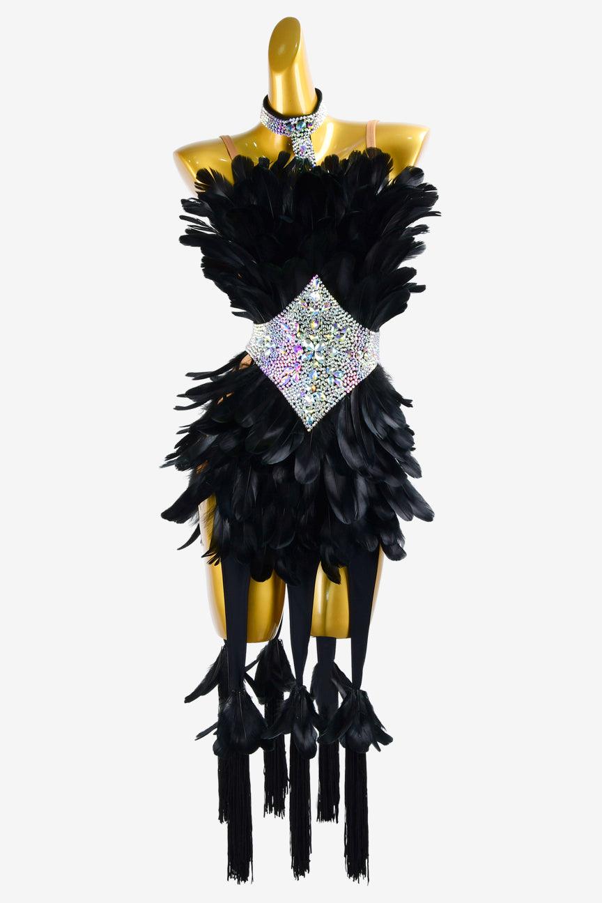 Permino black Latin dress with tassels, feathers, white crystal AB & sew-on stones - PerminoDesign