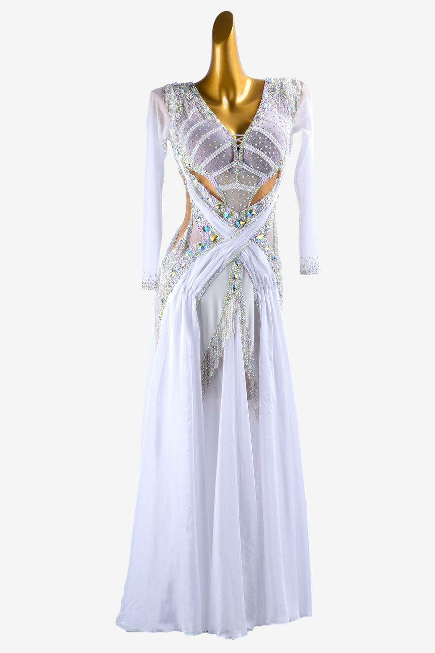 Permino white mesh Standard dress with silver beaded fringes, beadings, AB crystals & sew-on stones - PerminoDesign