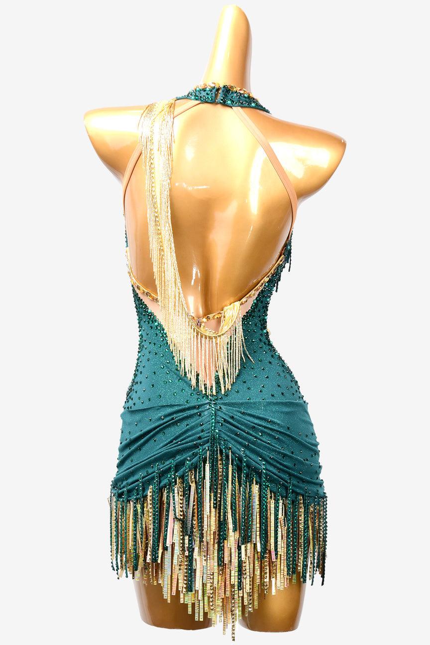 Permino malachite green Latin dress with rhinestone, stone fringes and sequins