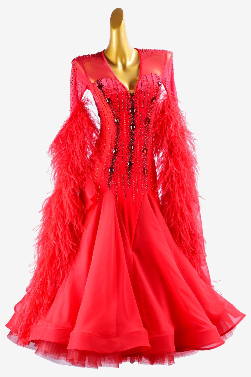 Permino red lycra Standard dress with pearl chiffon underskirt with feathers, crystals & sew-on stones - PerminoDesign