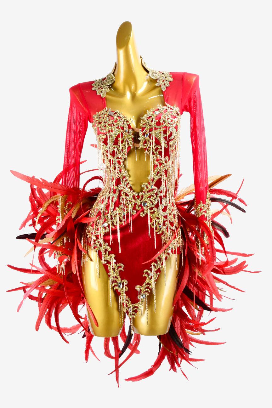 Permino crimson mesh Latin dress with lace appliqués, feathers, gold beaded fringes & crystal AB - PerminoDesign