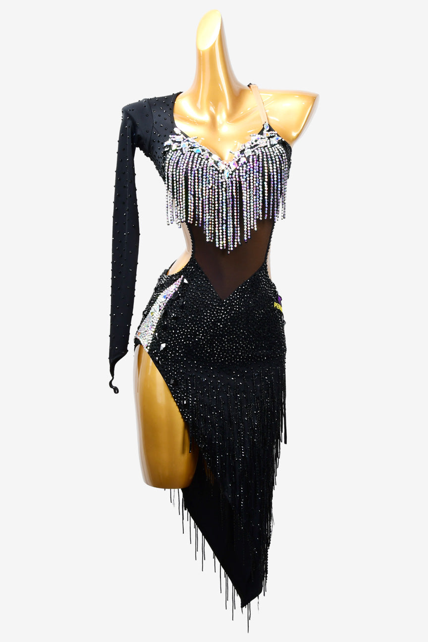 Permino black Latin dress with beaded fringe and  rhinestone