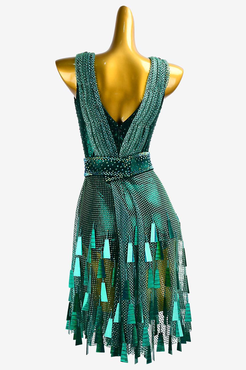 Permino teal crystal fishnet Latin dress with sequins, tassels & green crystal AB - PerminoDesign