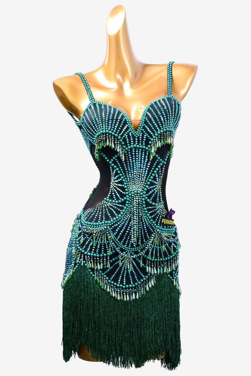 Permino turquoise green Latin dress with beading, sequin, fringe and rhinestone - PerminoDesign