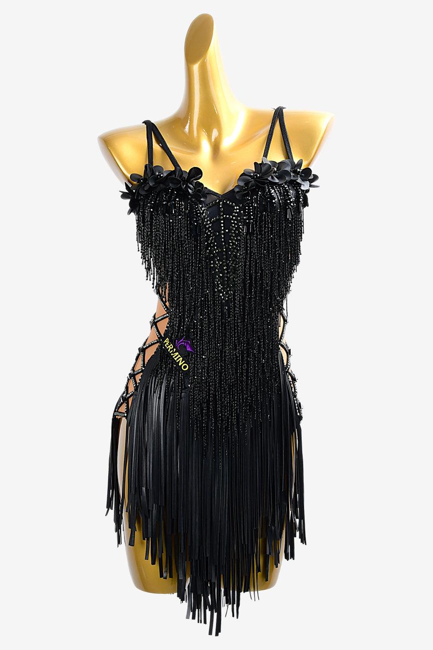 Permino black matt lycra Latin dress with leather fringes, rhinestones, beaded fringes & flower appliques - PerminoDesign