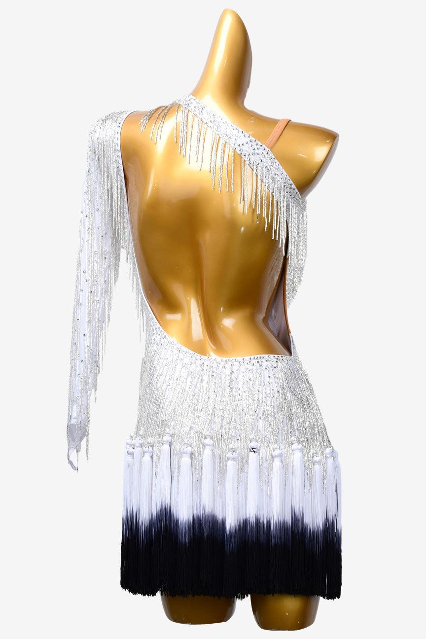 Permino white Latin dress with beaded fringe, mirror stones, fringe and rhinestone - PerminoDesign