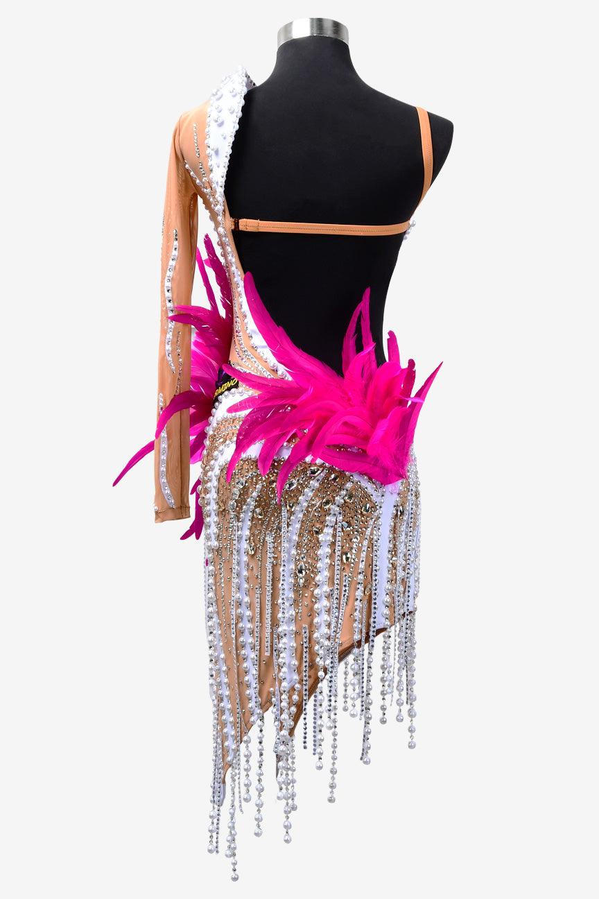 Permino fleshtone mesh Latin dress with magenta feather appliques, beadings, silver stone fringes & rhinestones - PerminoDesign